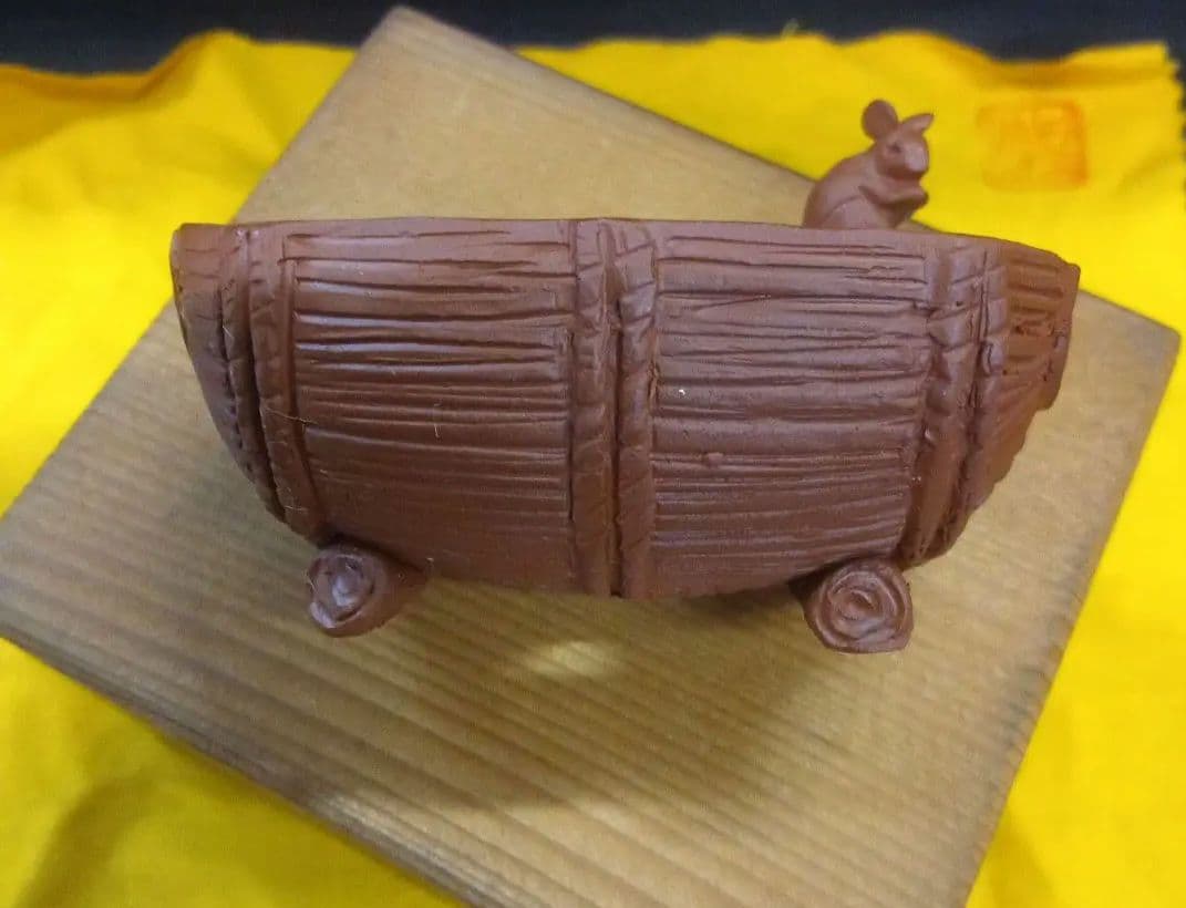 010.【寿悦】朱泥鼡俵鉢/盆栽鉢/木箱付き