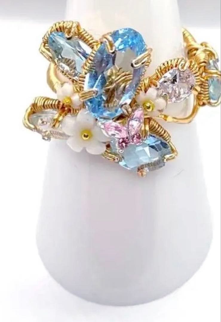 ブルートパーズ ワイヤーアートリング 10kgf ハンドメイド新作 14〜15号