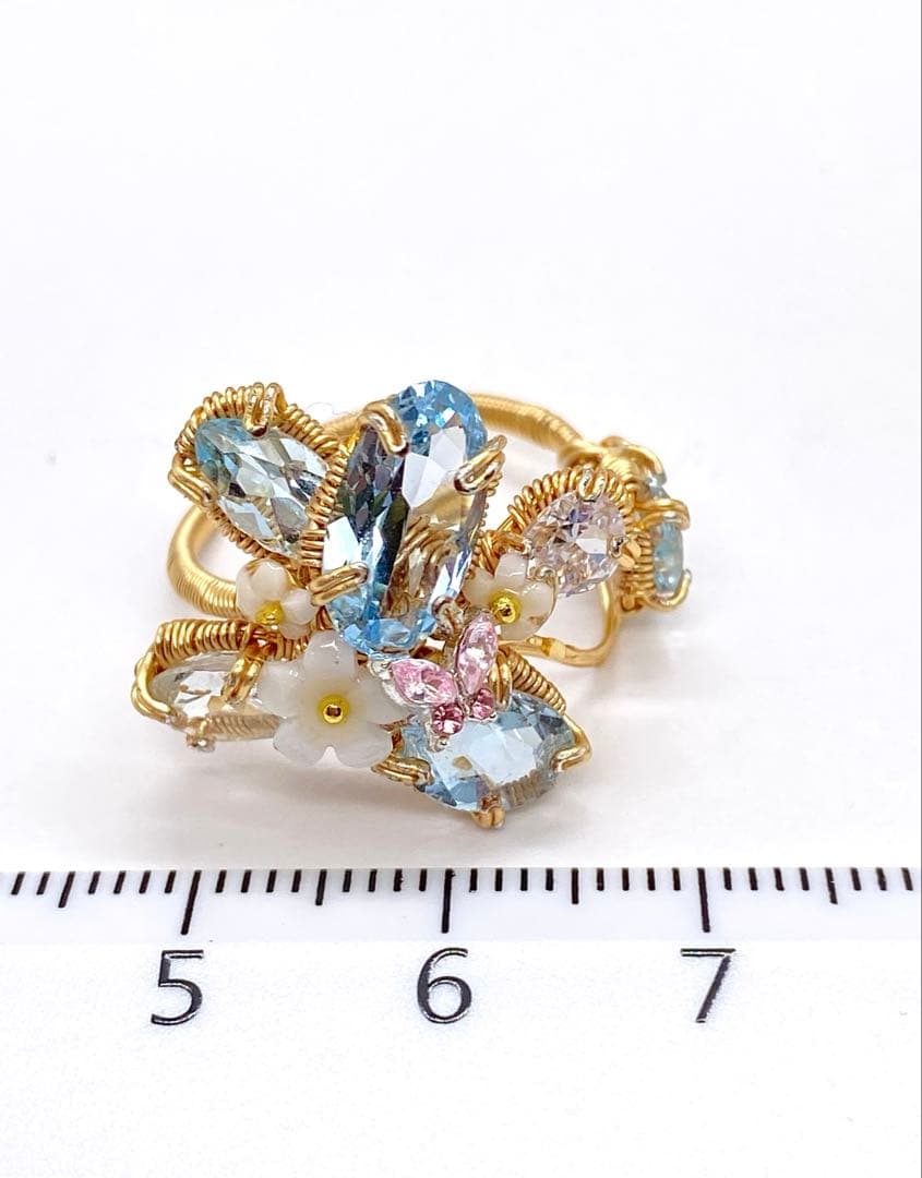 ブルートパーズ ワイヤーアートリング 10kgf ハンドメイド新作 14〜15号