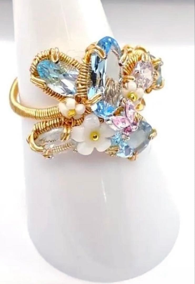 ブルートパーズ ワイヤーアートリング 10kgf ハンドメイド新作 14〜15号