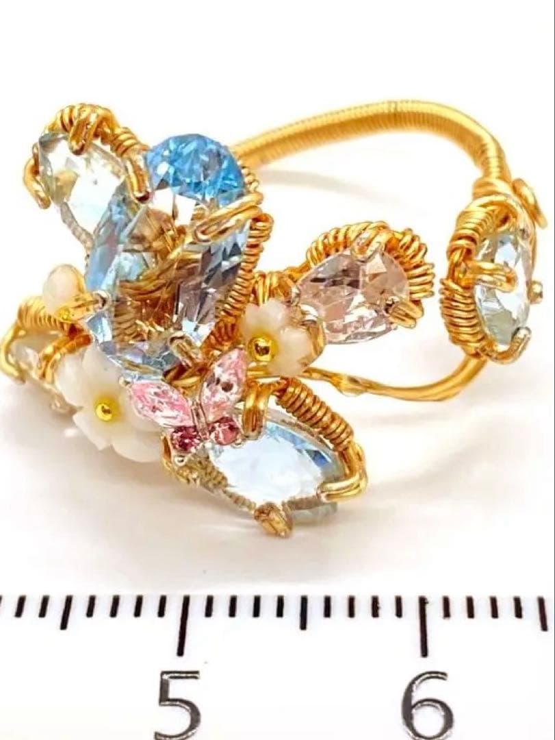 ブルートパーズ ワイヤーアートリング 10kgf ハンドメイド新作 14〜15号