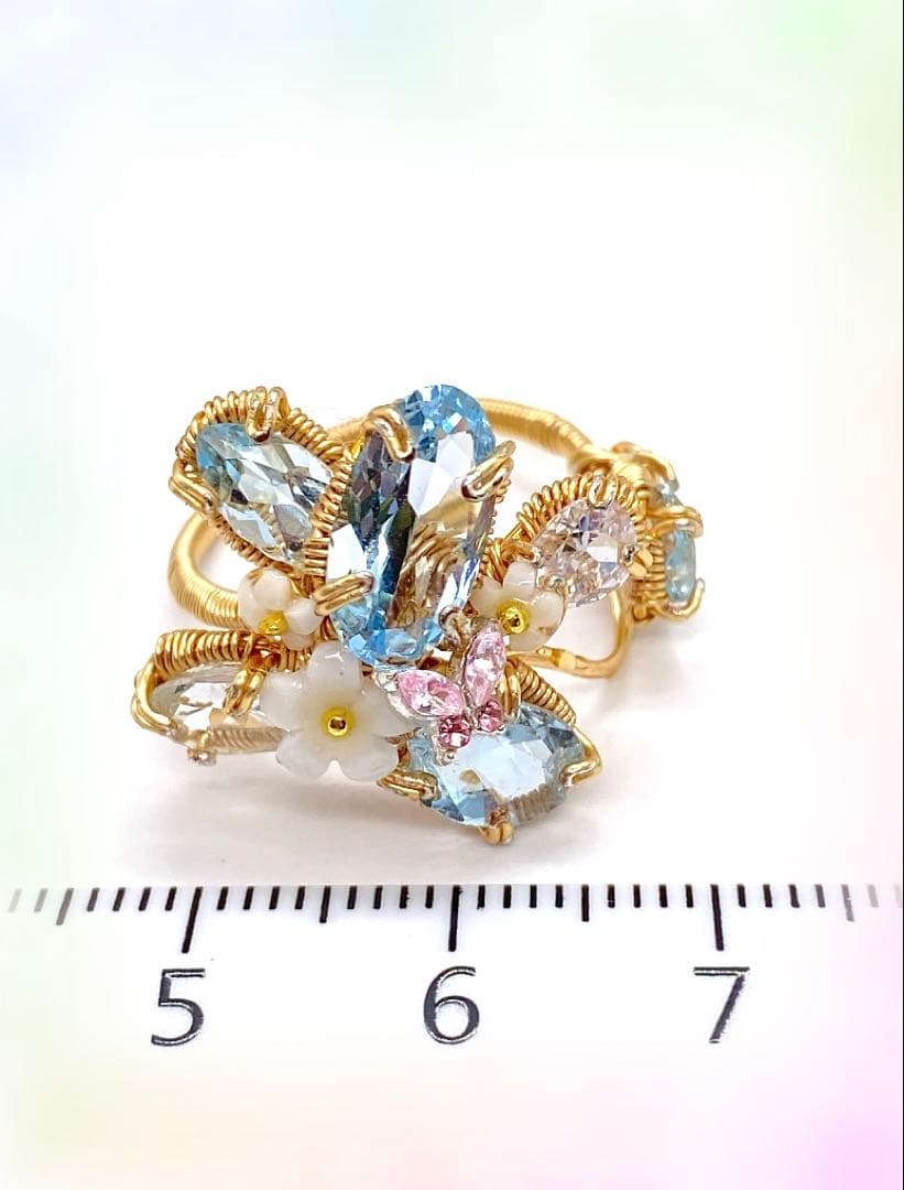 ブルートパーズ ワイヤーアートリング 10kgf ハンドメイド新作 14〜15号