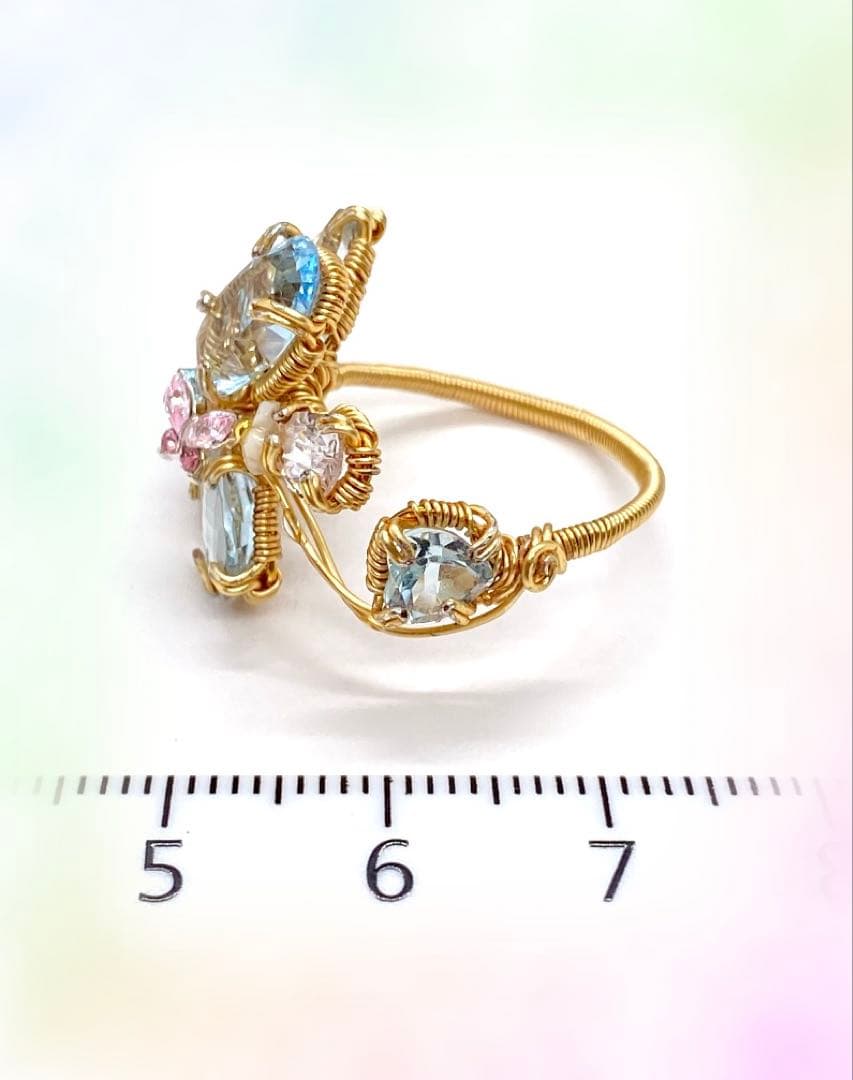 ブルートパーズ ワイヤーアートリング 10kgf ハンドメイド新作 14〜15号