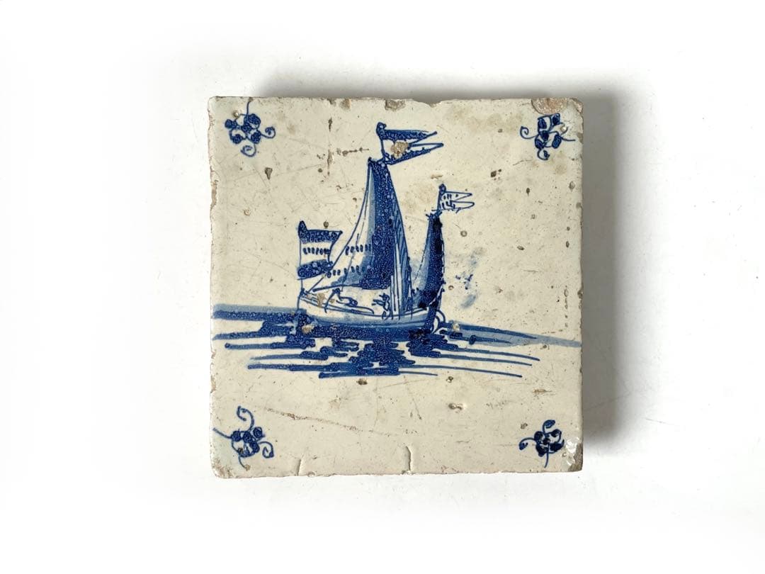 骨董　アンティーク　デルフトタイル　船文様　帆船　染付　17世紀　オランダ