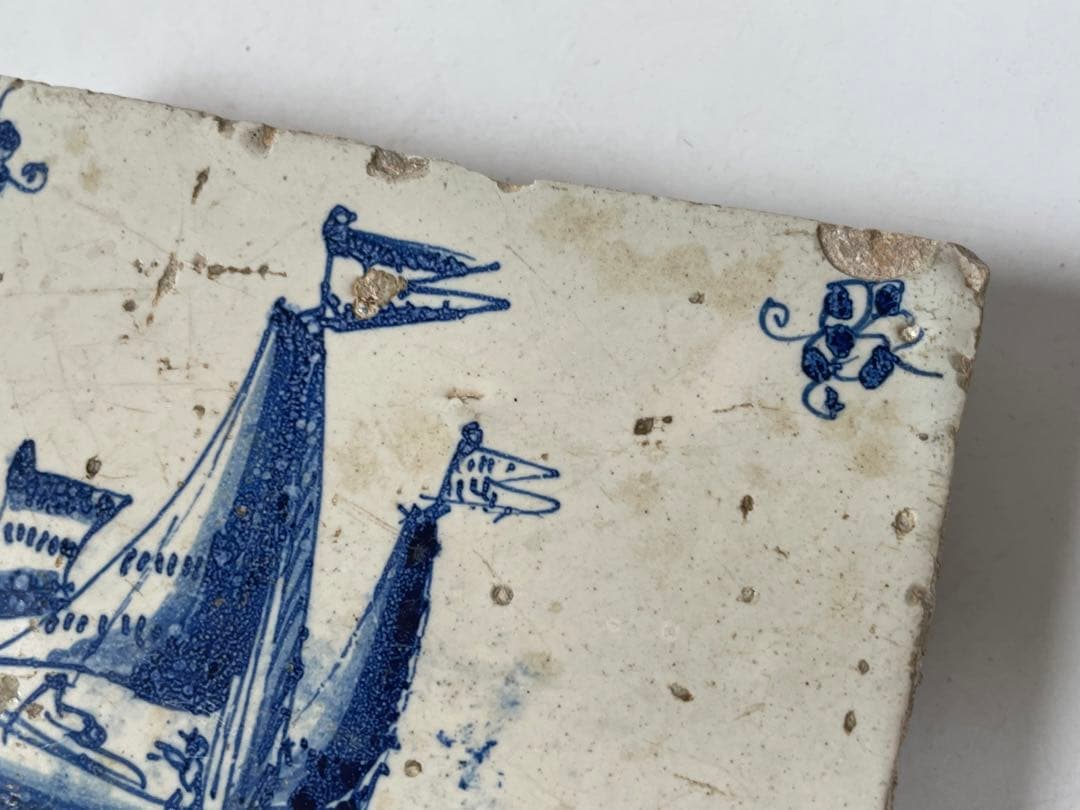 骨董　アンティーク　デルフトタイル　船文様　帆船　染付　17世紀　オランダ