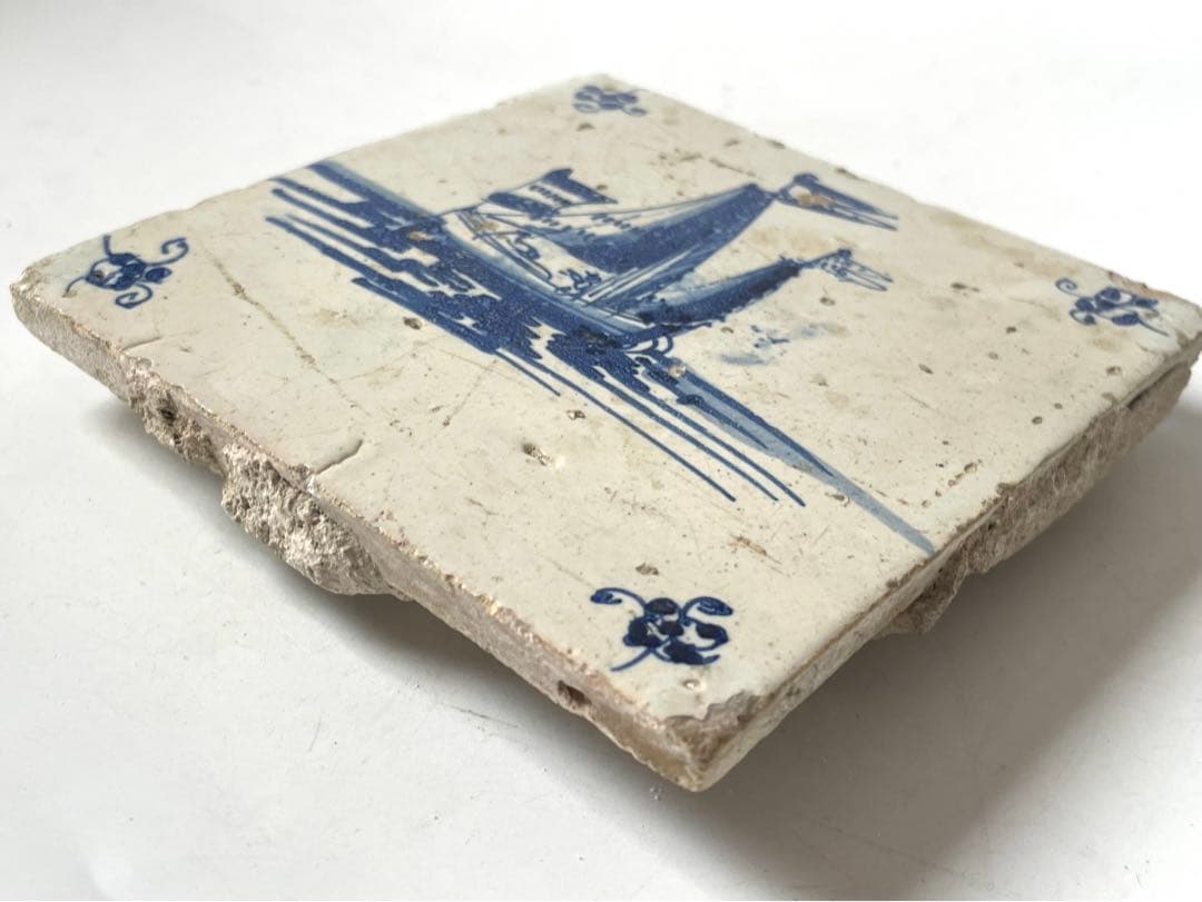 骨董　アンティーク　デルフトタイル　船文様　帆船　染付　17世紀　オランダ