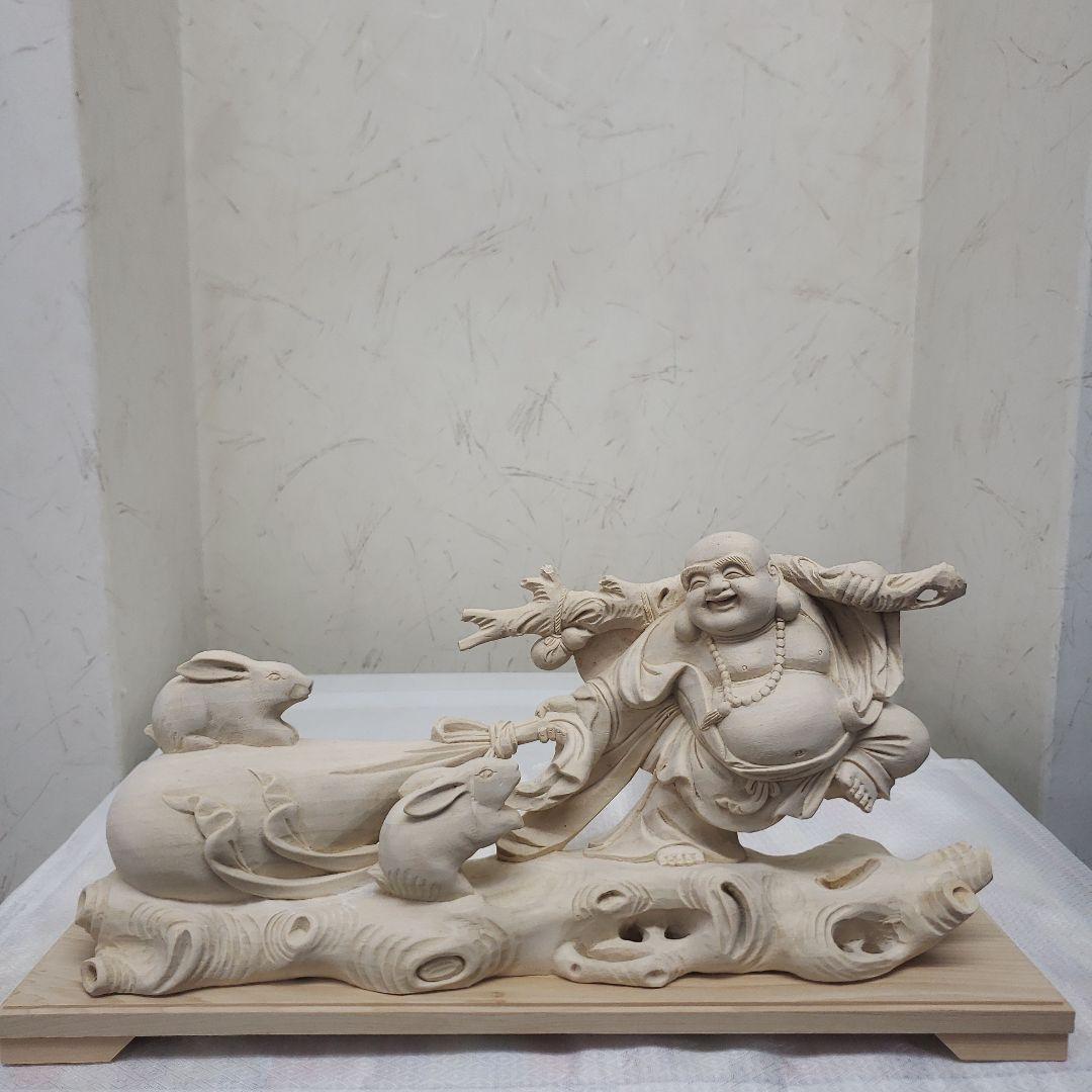 Ｂフライデー　蔵出し特価縁起物 七福神★楠材 布袋とうさぎ★福徳円満 子孫繁栄