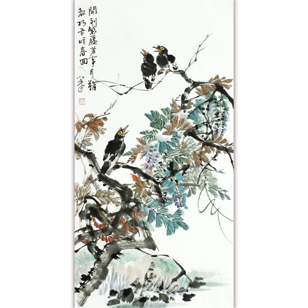 中国の花鳥画 「開到紫藤芳事盡」水墨画 肉筆画真跡保証あります R-10101