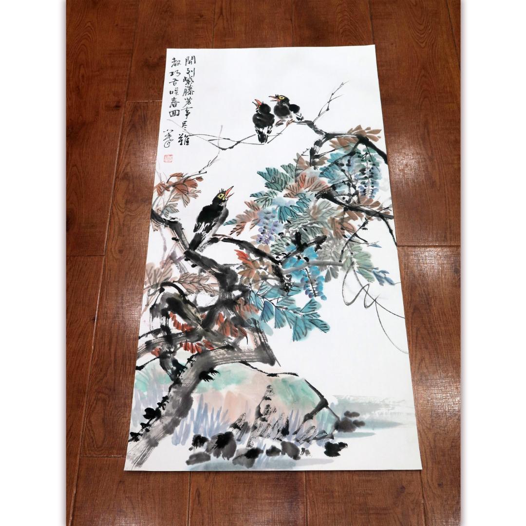 中国の花鳥画 「開到紫藤芳事盡」水墨画 肉筆画真跡保証あります R-10101