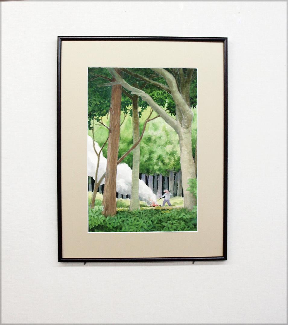 絵画「初冬の森の焚火」