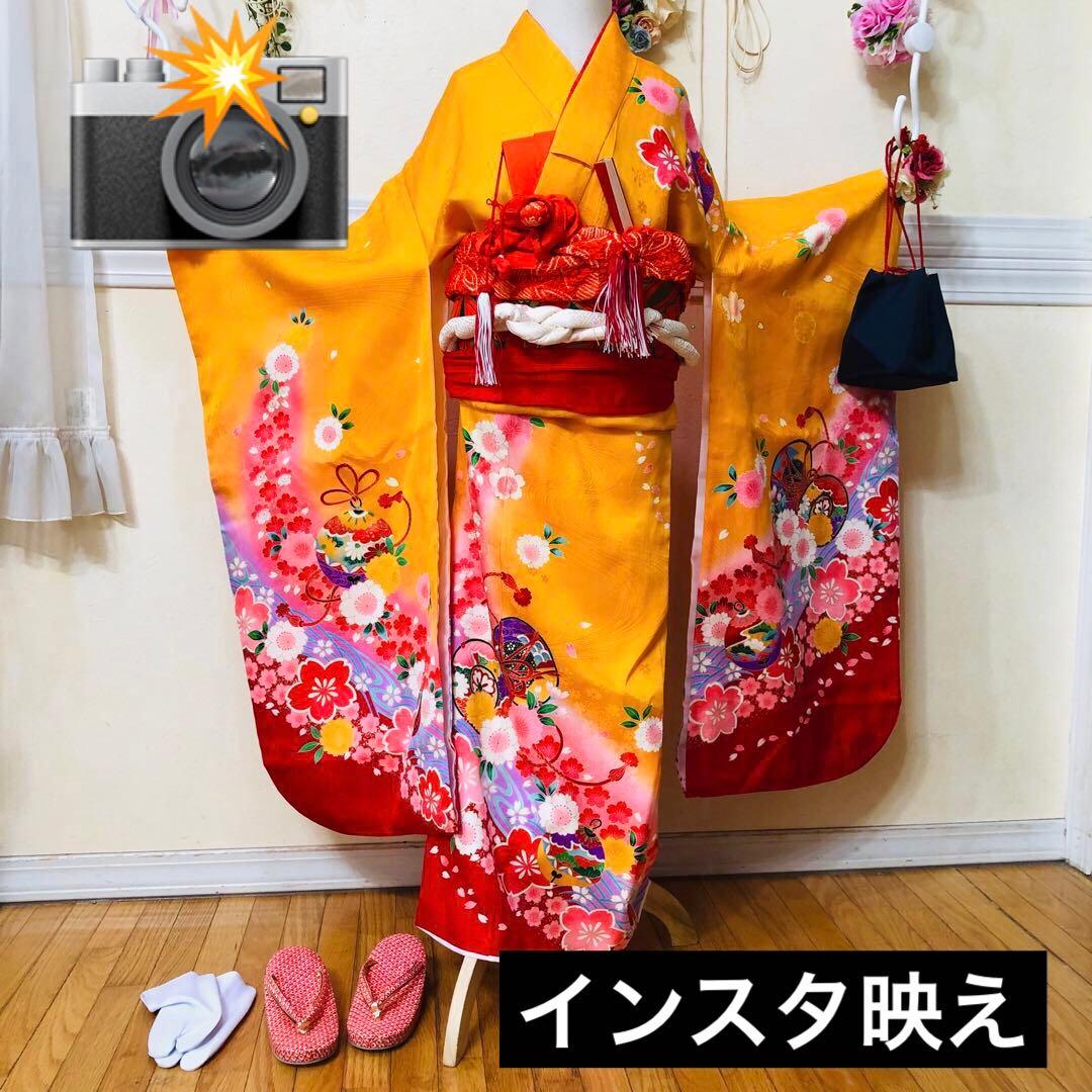 七五三七歳‼豪華黄色赤地可愛い❤️手毬桜金彩金箔煌びやか際立つ‼️完全フルセット絢爛