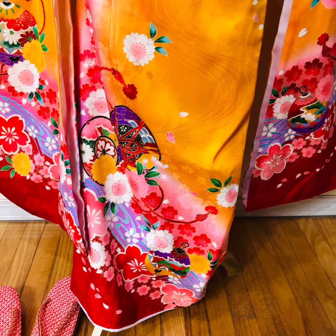 七五三七歳‼豪華黄色赤地可愛い❤️手毬桜金彩金箔煌びやか際立つ‼️完全フルセット絢爛