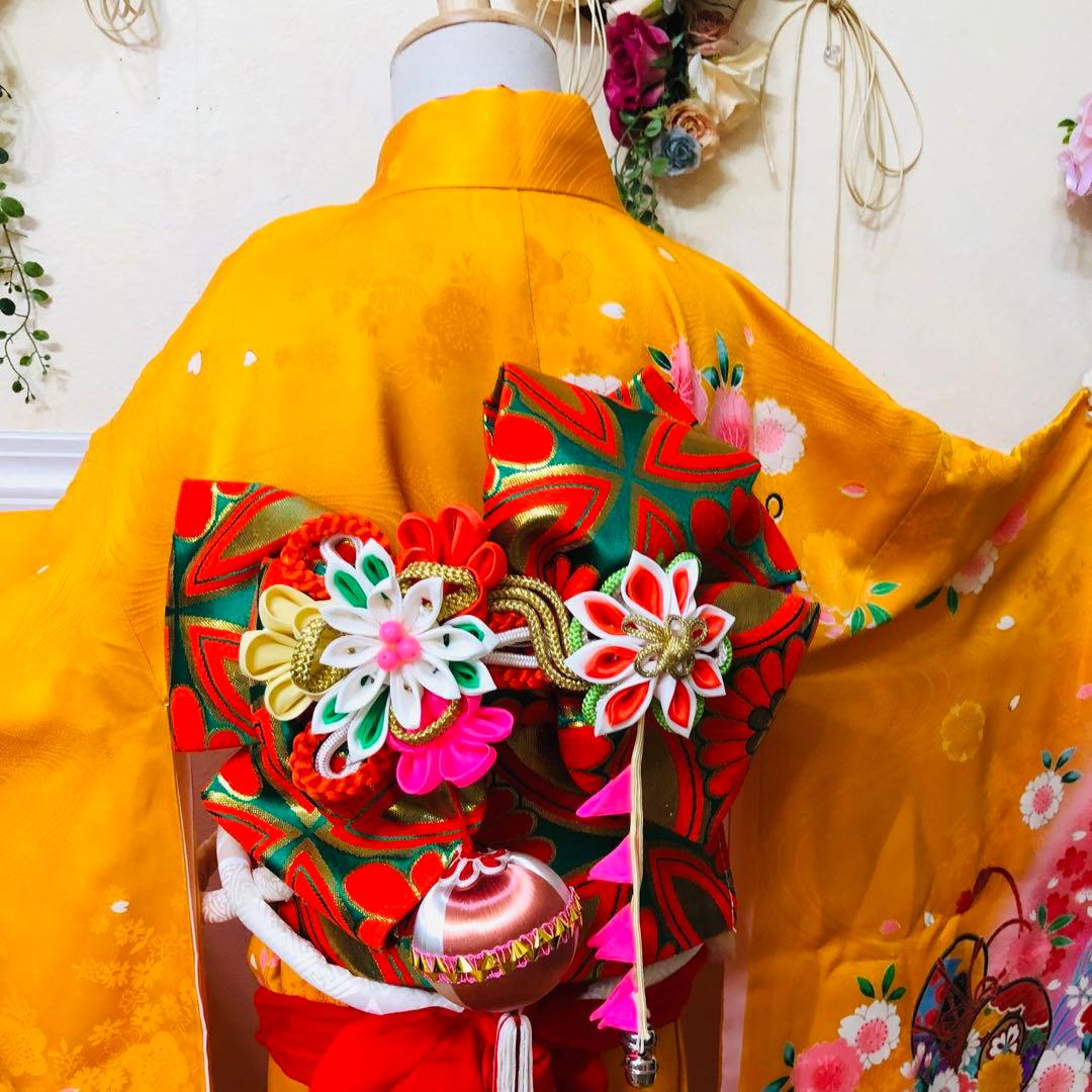 七五三七歳‼豪華黄色赤地可愛い❤️手毬桜金彩金箔煌びやか際立つ‼️完全フルセット絢爛