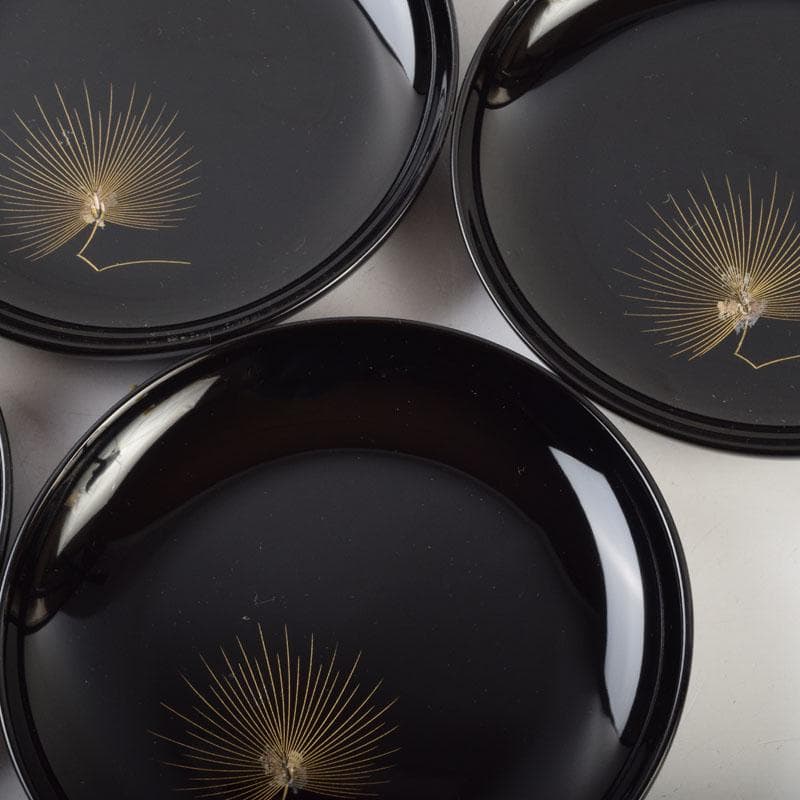 輪島塗　大向高洲堂　黒漆　飛松沈金　銘々皿　五客　共箱　N　8969