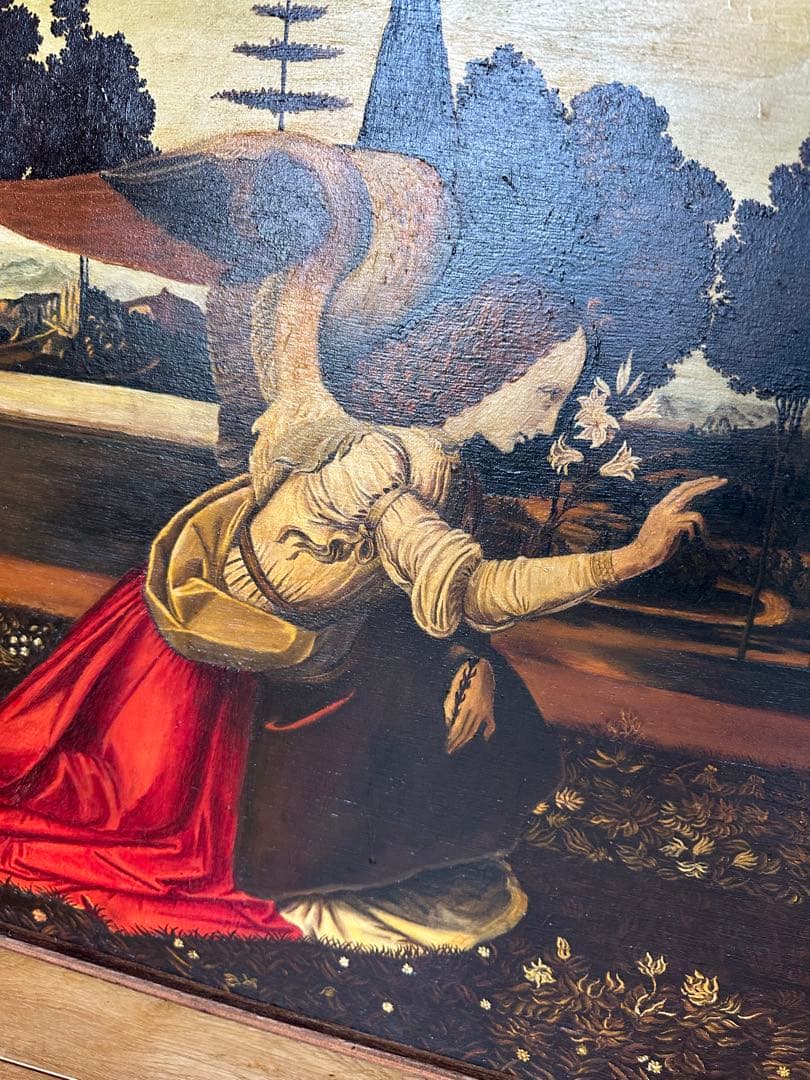 木板に油彩画 大判 木製フレーム付　名 受胎告知 模写　1976年