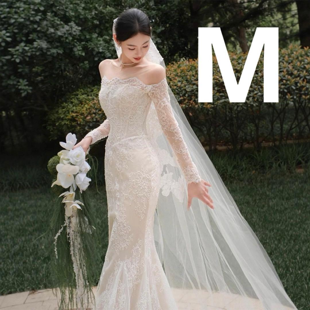 ❤️前撮りに❤️レース長袖 マーメイド風 ウェディングドレス トレーン付 M