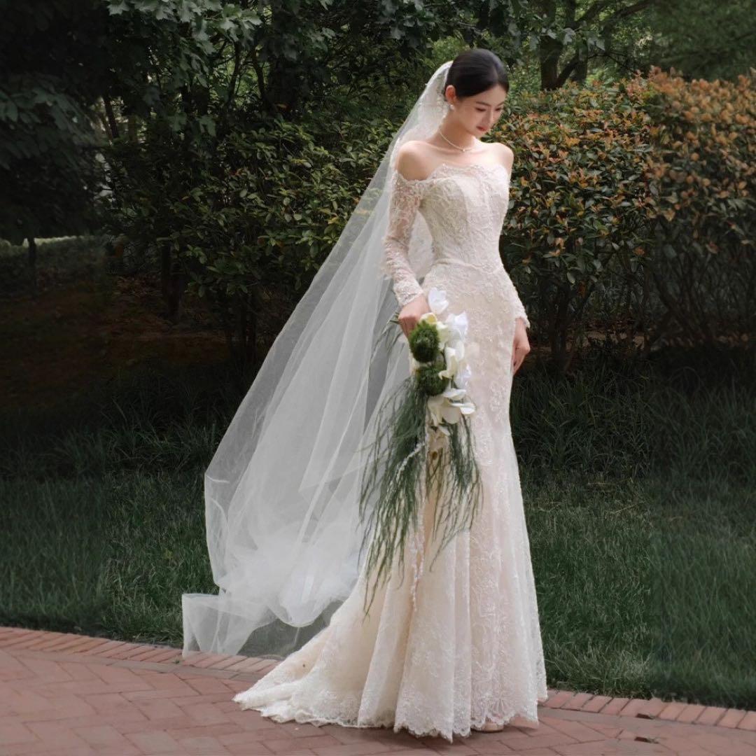 ❤️前撮りに❤️レース長袖 マーメイド風 ウェディングドレス トレーン付 M