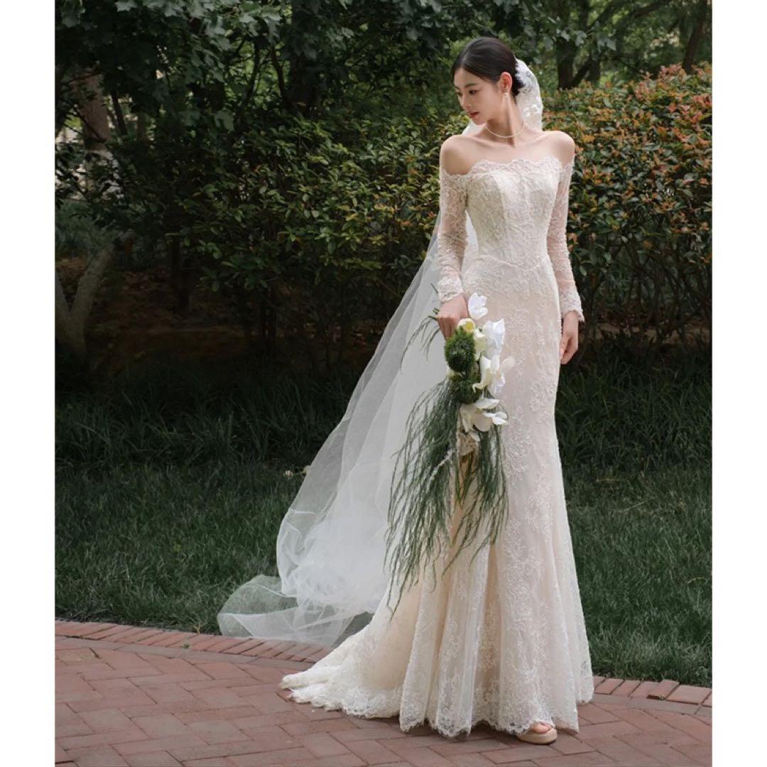 ❤️前撮りに❤️レース長袖 マーメイド風 ウェディングドレス トレーン付 M