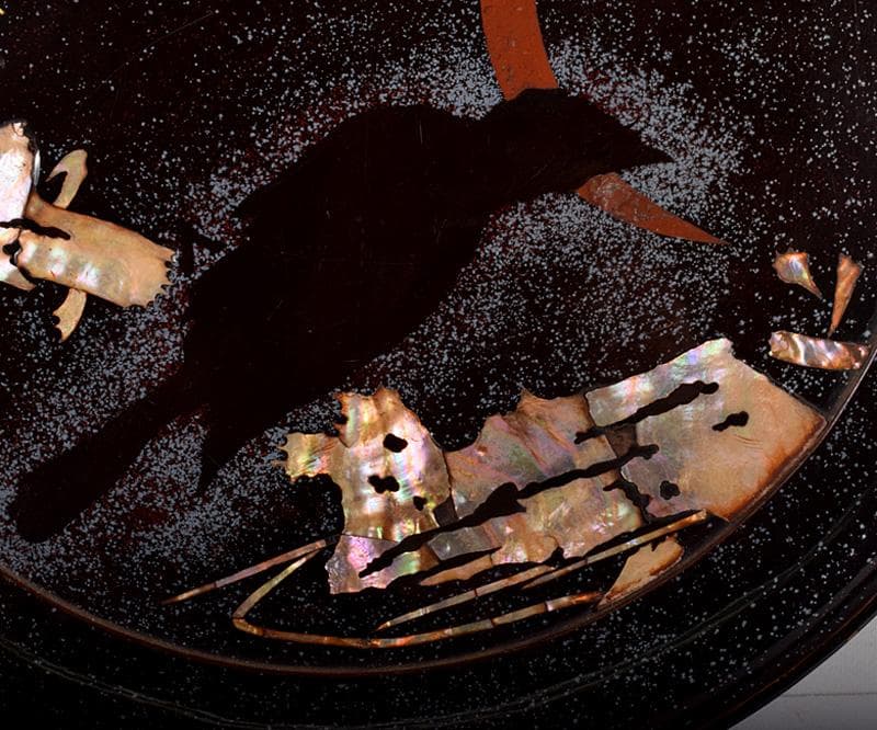 黒漆　螺鈿闇蒔絵　光琳月梅之図　闇鴉盆　時代箱付　V　3698B