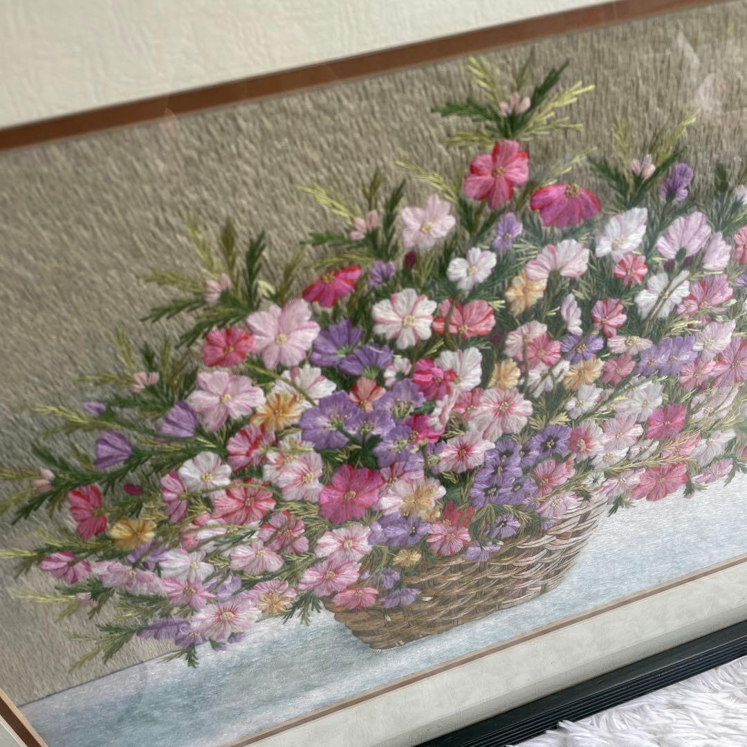 ベトナム刺繍絵、コスモス刺繍画、グエン.クオック.スゥ氏作、額入り