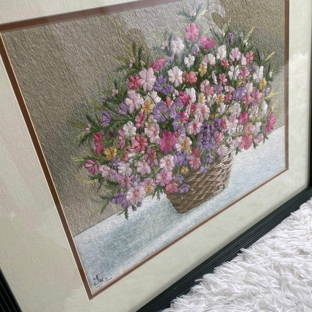 ベトナム刺繍絵、コスモス刺繍画、グエン.クオック.スゥ氏作、額入り