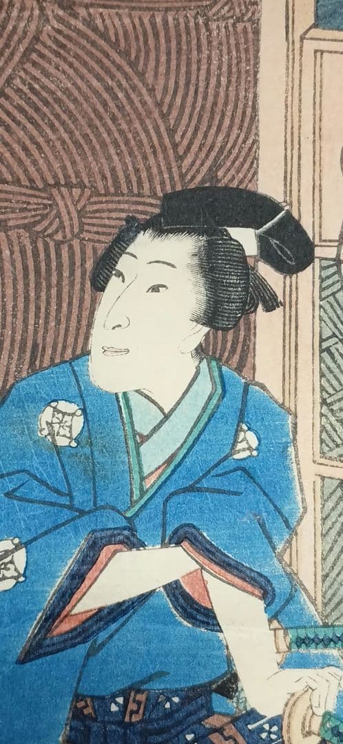 浮世絵版画、見立源氏琴碁書画之内遠音のあはせもの三枚綴り、三代豊国画元治元年出版