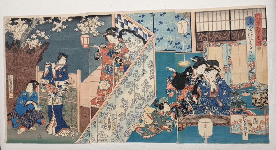 浮世絵版画、見立源氏琴碁書画之内遠音のあはせもの三枚綴り、三代豊国画元治元年出版