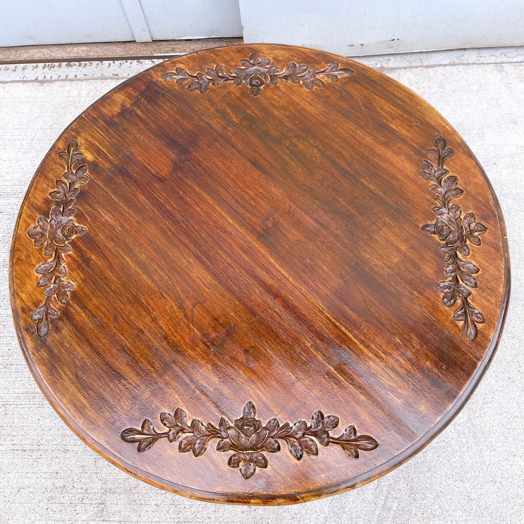 【美品送料込】アンティーク家具 手彫り彫刻 円形テーブル 猫脚