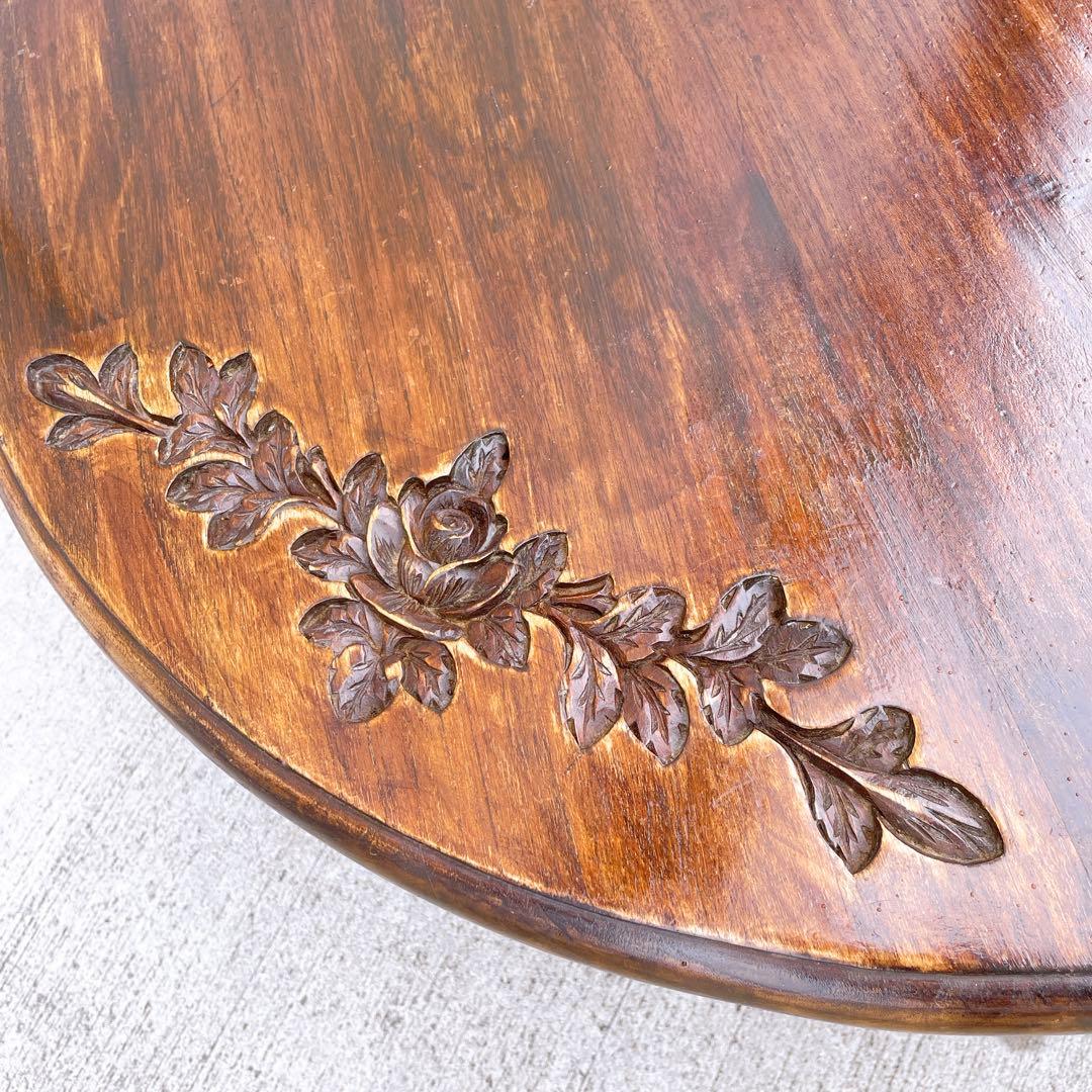 【美品送料込】アンティーク家具 手彫り彫刻 円形テーブル 猫脚