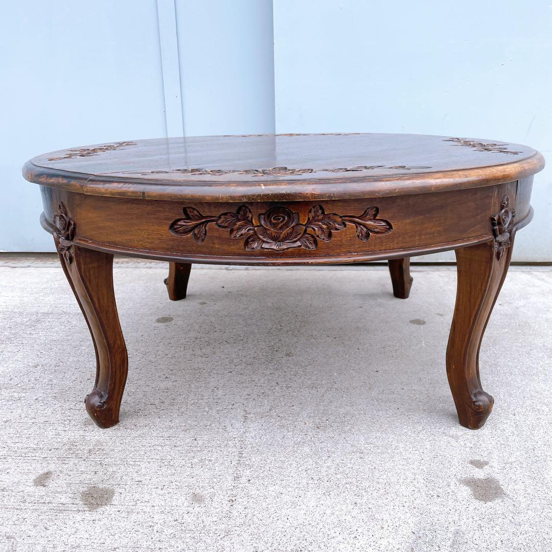 【美品送料込】アンティーク家具 手彫り彫刻 円形テーブル 猫脚