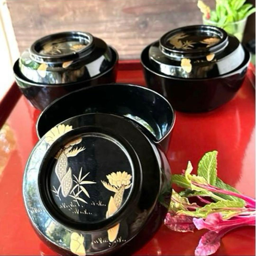 感謝お嫁入り‼️明治39JAPAN蒔絵　福寿草&梅と松葉真塗り上黒椀　吸物椀5客