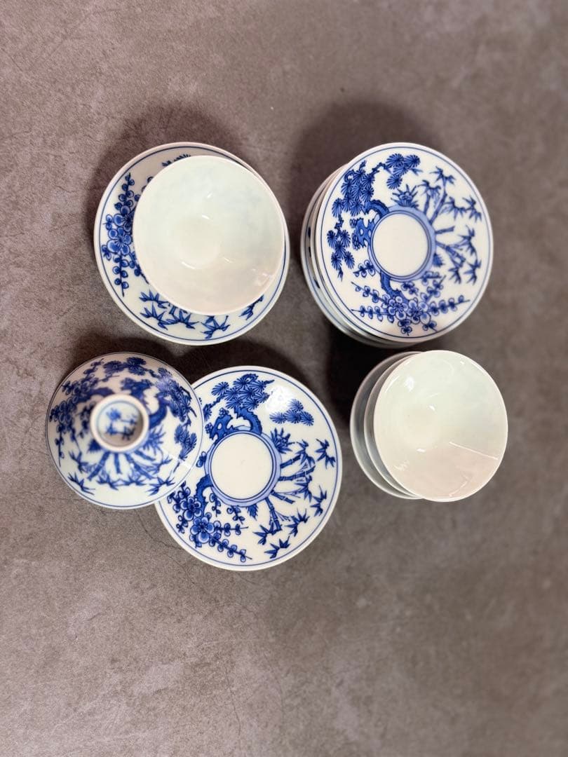 白磁染付　京焼　竹春造　盃セット