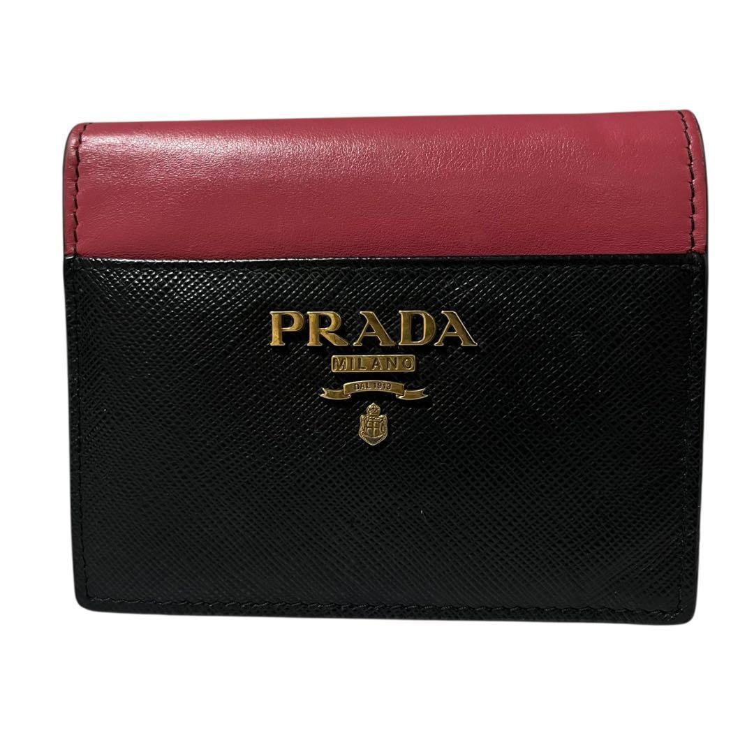 希少✨プラダ 二つ折り財布 サフィアーノレザー バイカラー 黒 ピンク