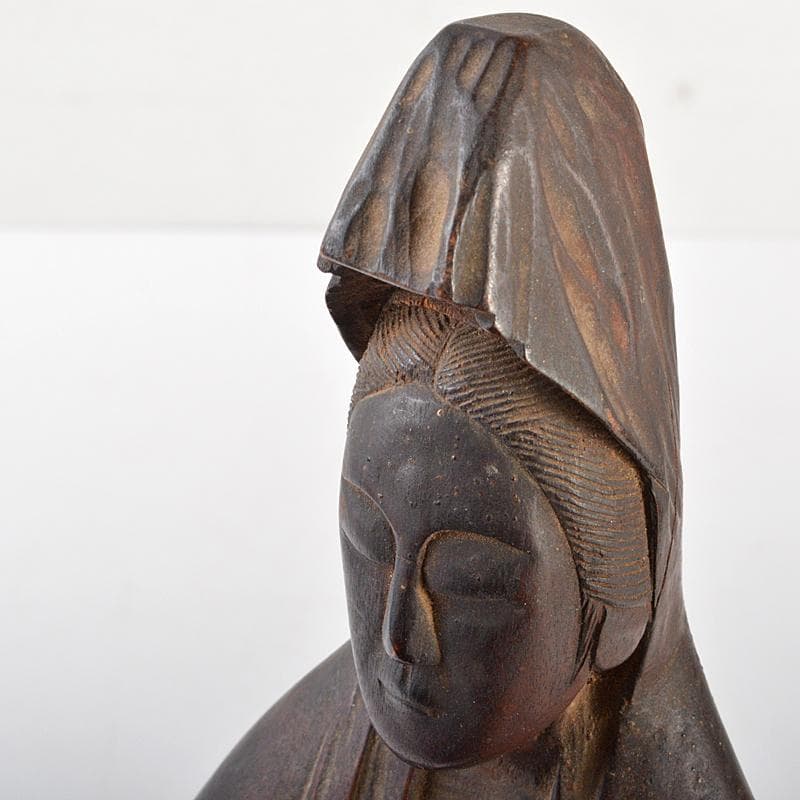 仏教美術　木彫　観音菩薩立像　仏像　在銘　高さ約31cm　時代箱付　MR7171