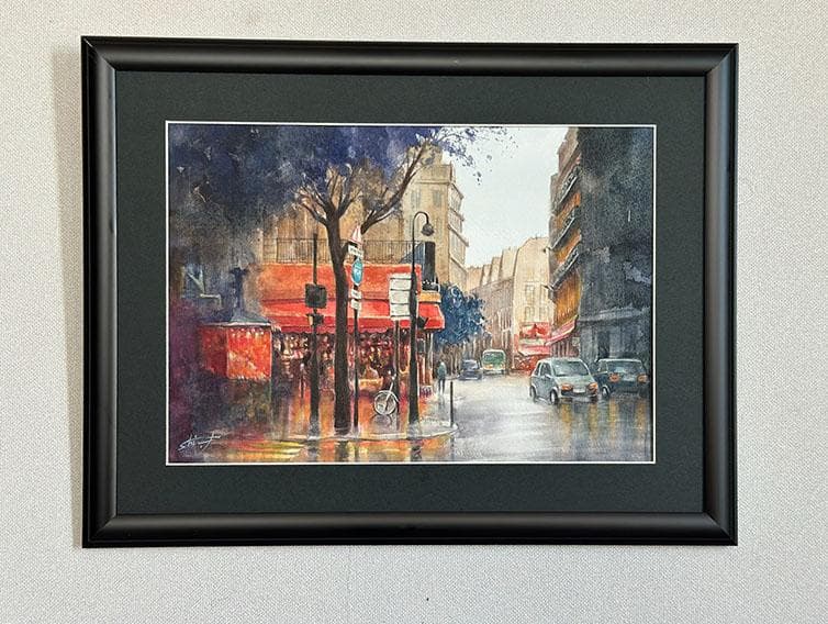 水彩アート「雨のパリ　Ⅰ」1点物、真筆