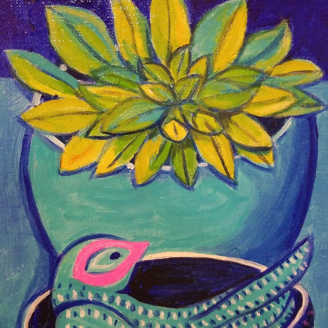 油絵　はち　小鳥さんのかくれんぼ　その１　かくれる鳥