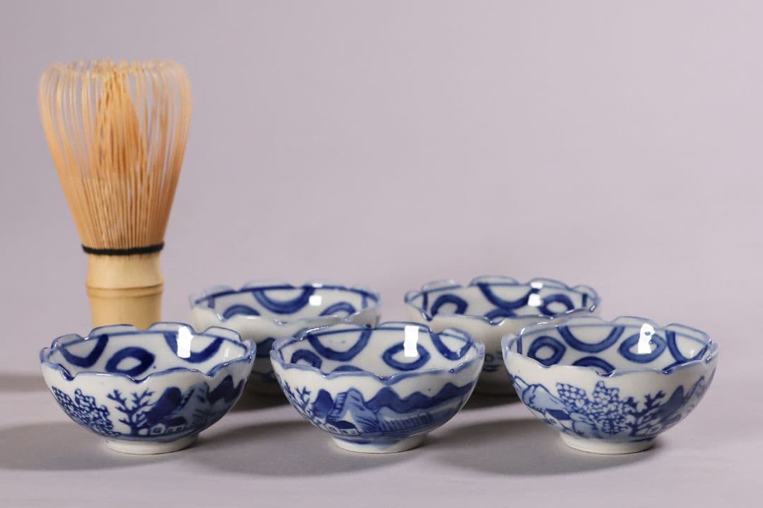 中国 若深珍蔵 染付 煎茶椀 五客 山水 鳥図 茶器 陶磁器【MA580】