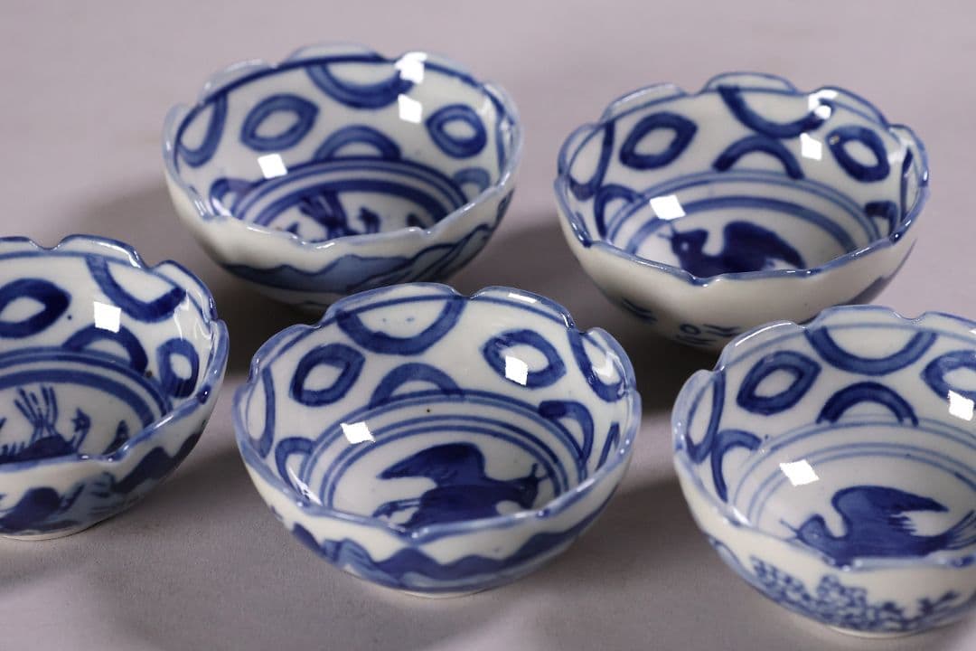 中国 若深珍蔵 染付 煎茶椀 五客 山水 鳥図 茶器 陶磁器【MA580】