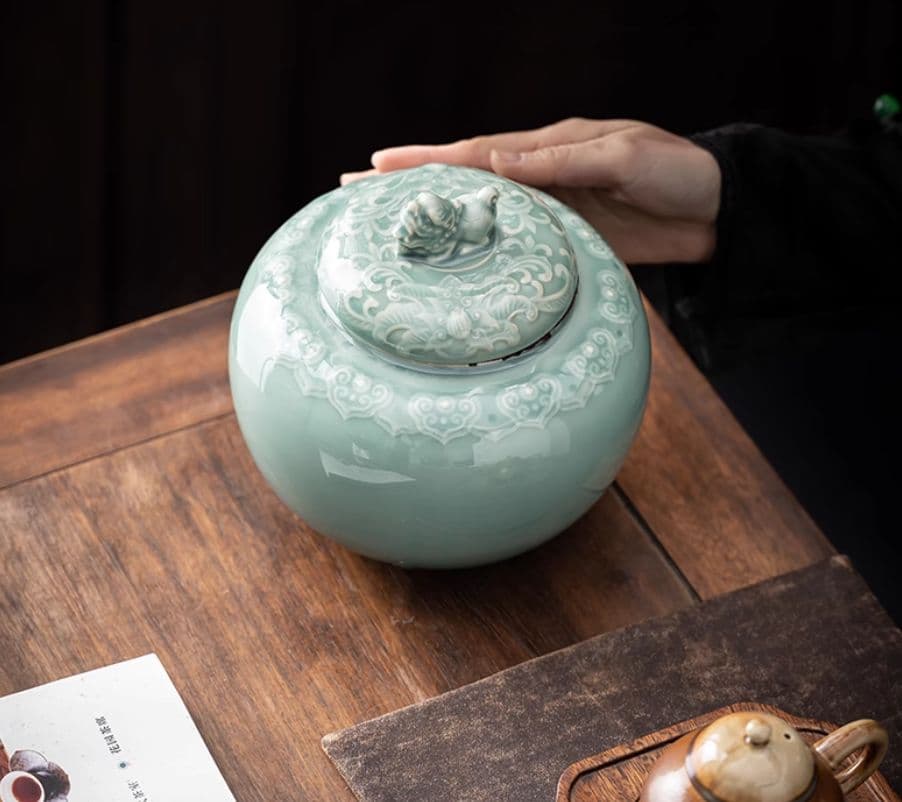 中国美術 茶筒 茶器 茶入れ 青磁 茶道具