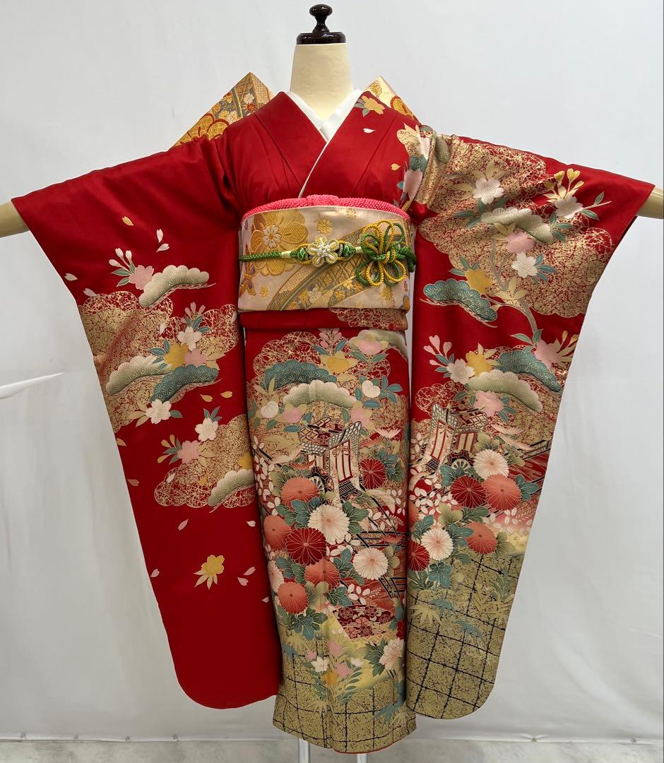 振り袖　フルセット　別誂長襦袢　古典柄　成人式　赤　結婚式　金彩加工　668