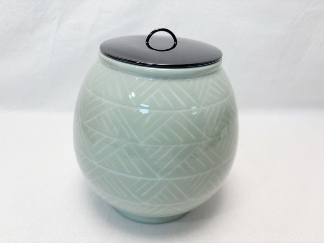 未使用 茶道具 手塚 祥堂造 三島青瓷？芊紋 水指 塗蓋 水差 茶器 共箱