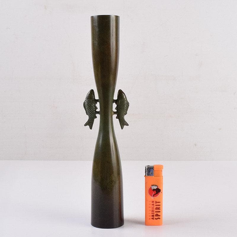 唐銅風炉師　黒瀬宗康作　唐銅　鯉耳花入　共箱　V　R8967