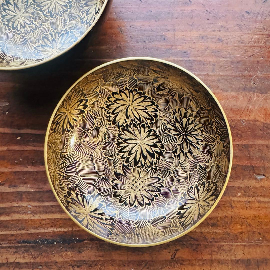 骨董品　沈金　黒漆塗り椀　蝶菊文様1客　正月　吸物椀二客セット