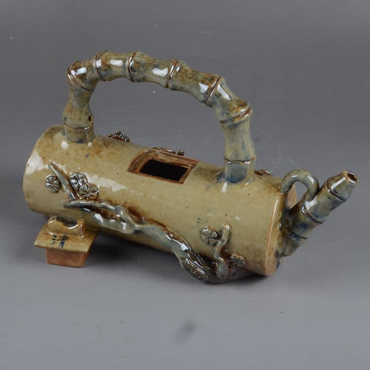 陶器て彫刻竹の節梁を持ちます壺茶壺徳利の置物  現代工芸品  美術品 置物