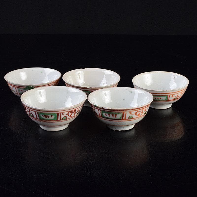 中国　古渡　赤絵呉須　花草文　煎茶碗　五客　時代箱　V　R9530