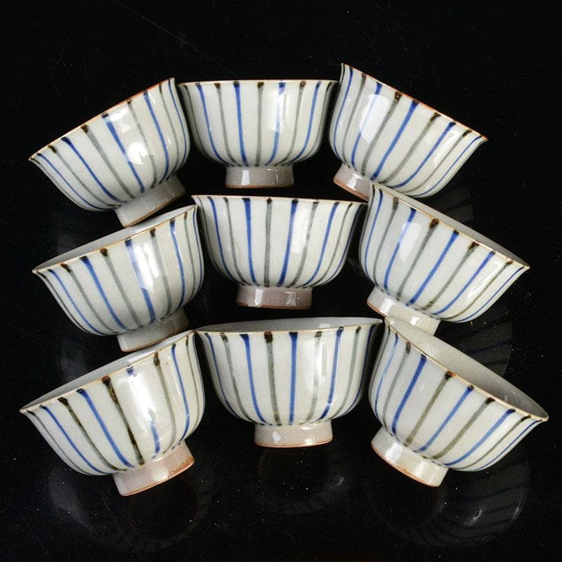 煎茶道具　夜寒焼　凌古堂造　引分　番茶碗　九客　合計18客　共箱　M　R4403