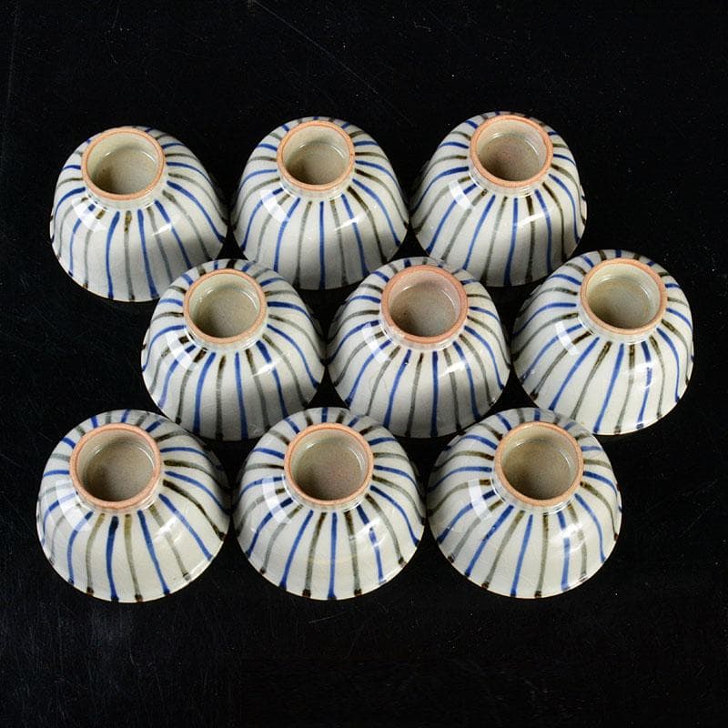 煎茶道具　夜寒焼　凌古堂造　引分　番茶碗　九客　合計18客　共箱　M　R4403