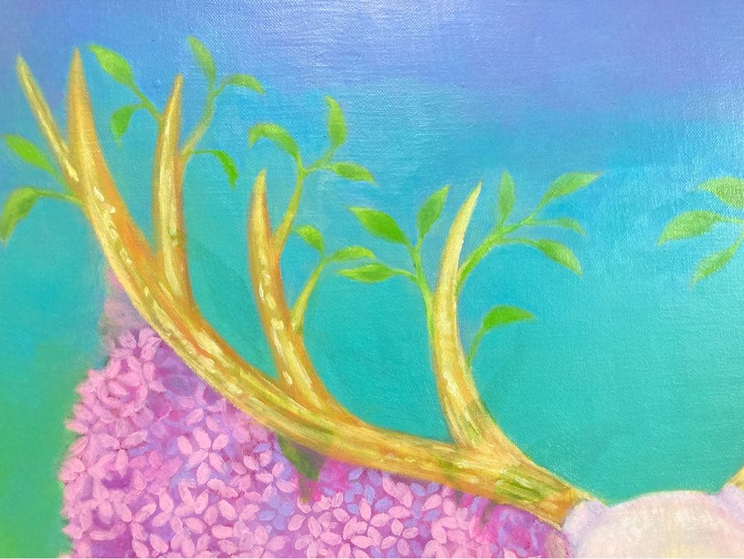 春うらら　新人画家　大塚麻世 白鹿　桜　油彩 絵画 動物　油絵　鹿　動物絵