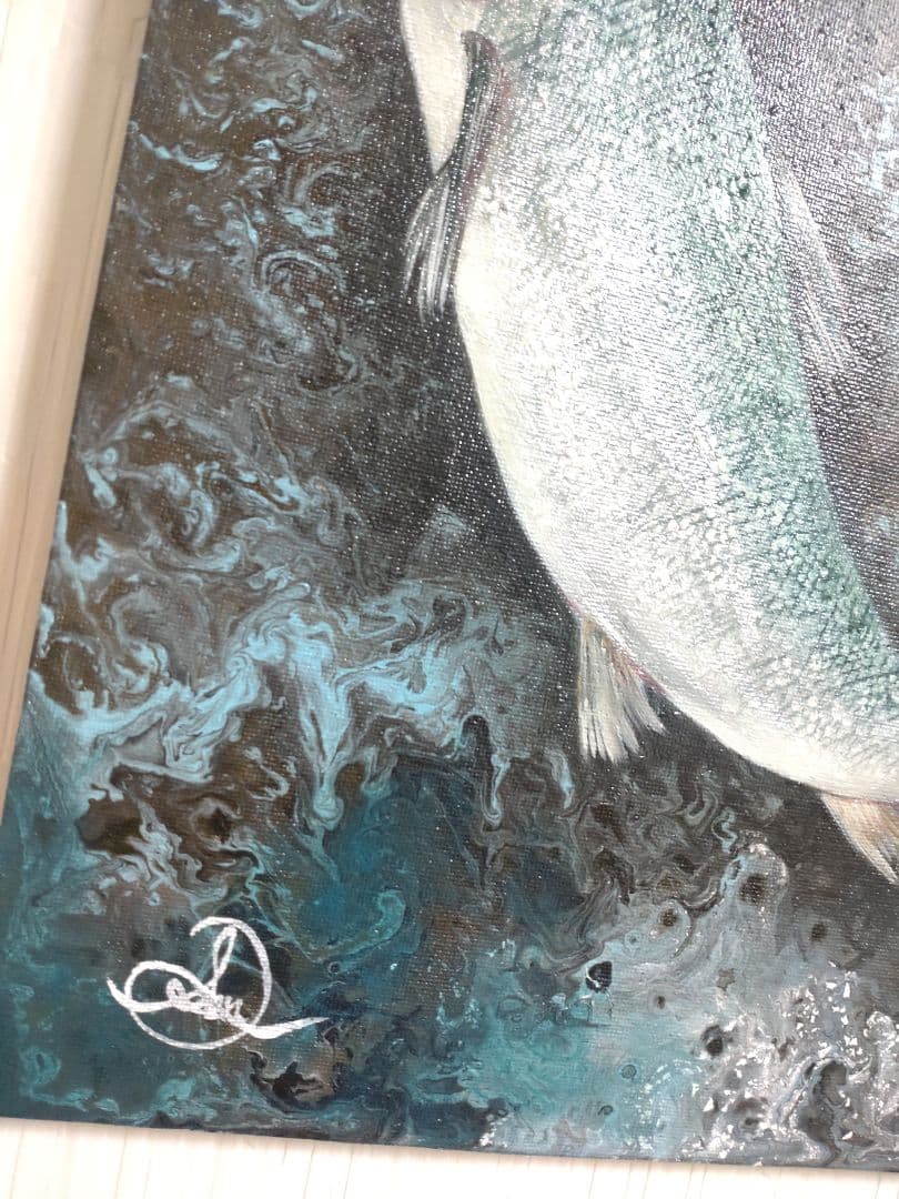 鮭の油絵【鮭の夢】作者サイン入り/真作/F4号キャンバス