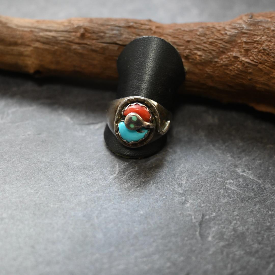 ズニ族 エフィー カラバサ ターコイズ リング コーラル　珊瑚 18号 zuni